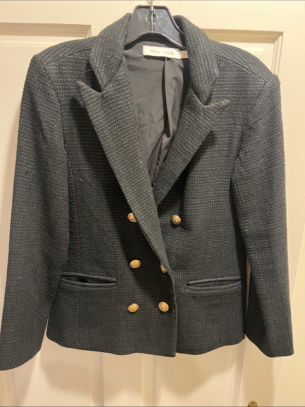 bishop + young Black Textured Double-Breasted Blazer with Gold Buttons
